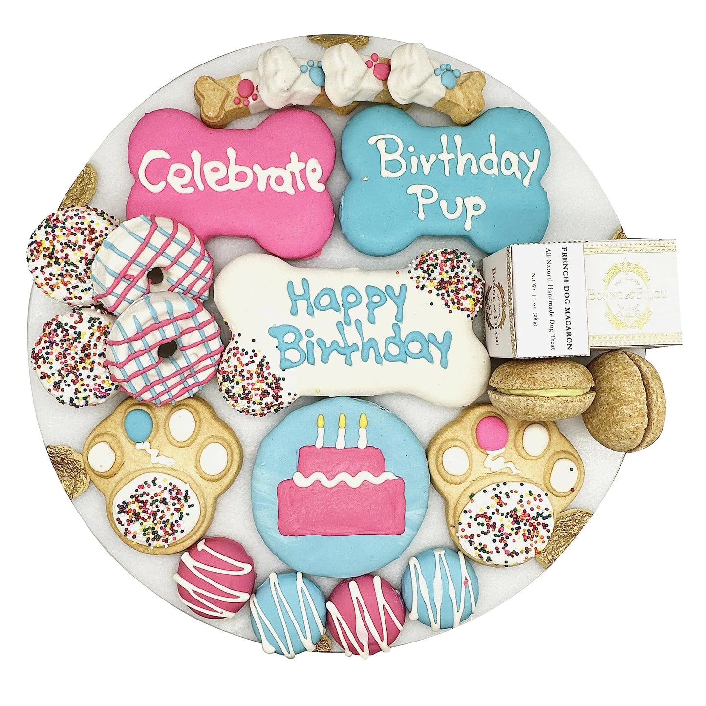 Bonne et Filou Dog Birthday Treats Human Grade Gourmet Dog Treats Gift Box 22 Luxury Dog Treats with Dog Macarons Truffles & Bone Cookies Healthy Dog Treats for Small to Large Dogs